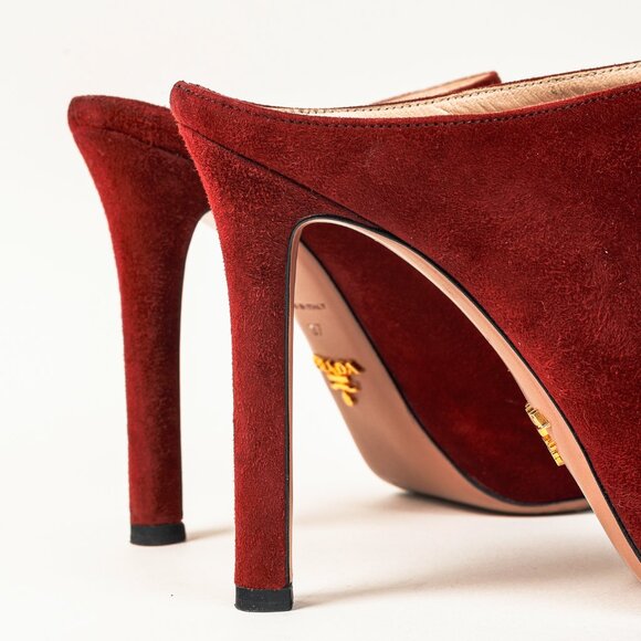 Prada Burgundy Suede Peep Toe Stiletto Heel Slide Mule Platform Pump - Picture 8 of 9